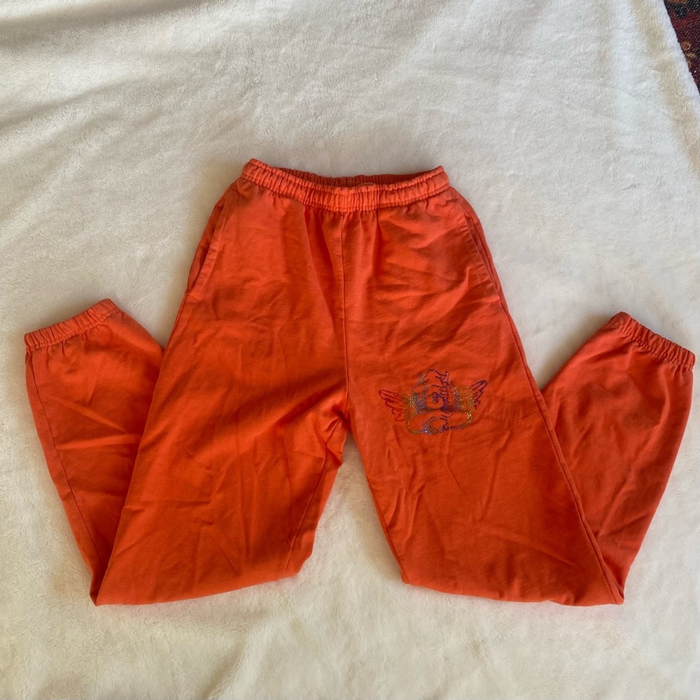1-800-BOYS-LIE Orange 100% Cotton Sweatpants w/ Rainbow Angel Sequin Bling M - Picture 6 of 15